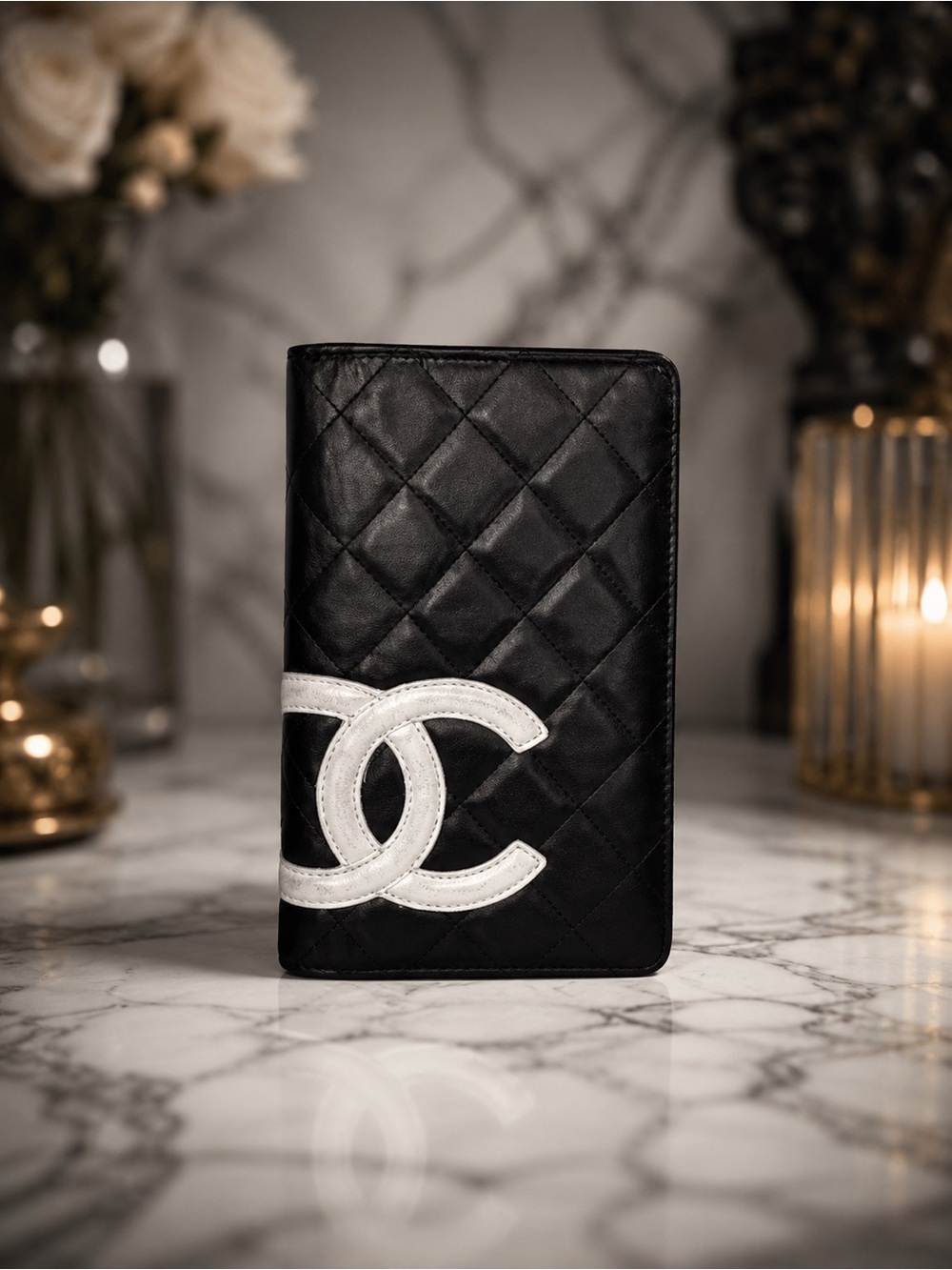 CHANEL Cambon Ligne Black Quilted Lambskin Long Bifold Wallet White CC Full Set